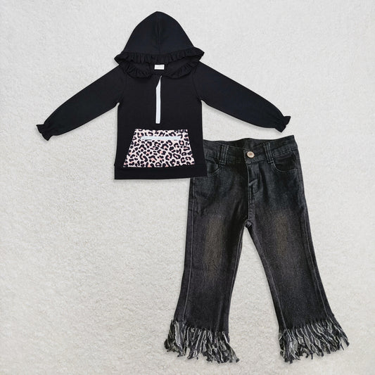 9.20 RTS NO MOQ （In stock）GT0624 + D4-30 Baby Girls Pocket Long Sleeve Tops Black Tassel denim pants Jeans