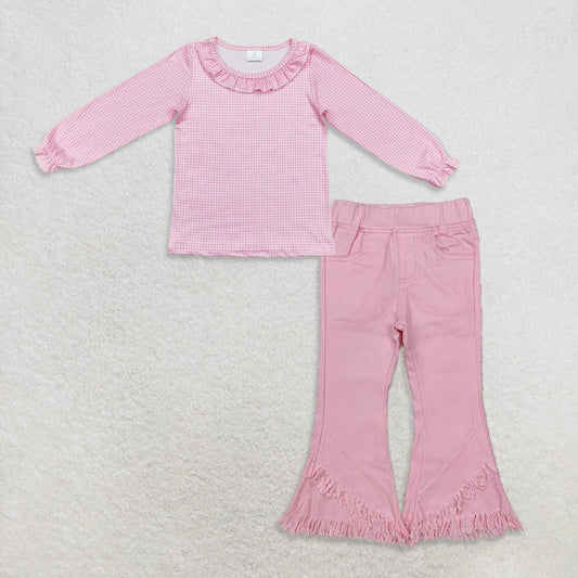 9.22 RTS NO MOQ （In stock）GT0641 + P0463 Baby Girls Green Long Sleeve Tee Shirts Tops Ruffle Denim Jeans