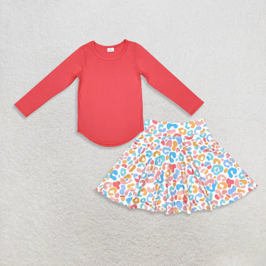 9.26 RTS NO MOQ （In stock）GT0643 + GLK0026 Baby Girls Coral Long Sleeve Tee Shirts Tops Baby Girls Leopard Colorful Skirts