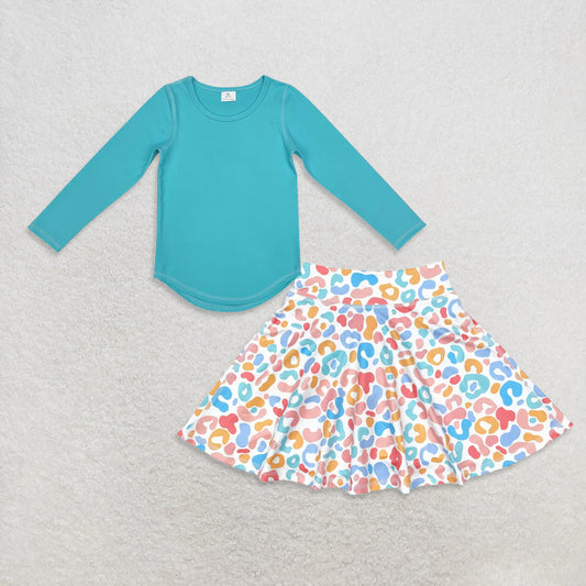 9.27 RTS NO MOQ （In stock）GT0644 + GLK0026 Baby Girls Blue Long Sleeve Tee Shirts Tops Baby Girls Leopard Colorful Skirts