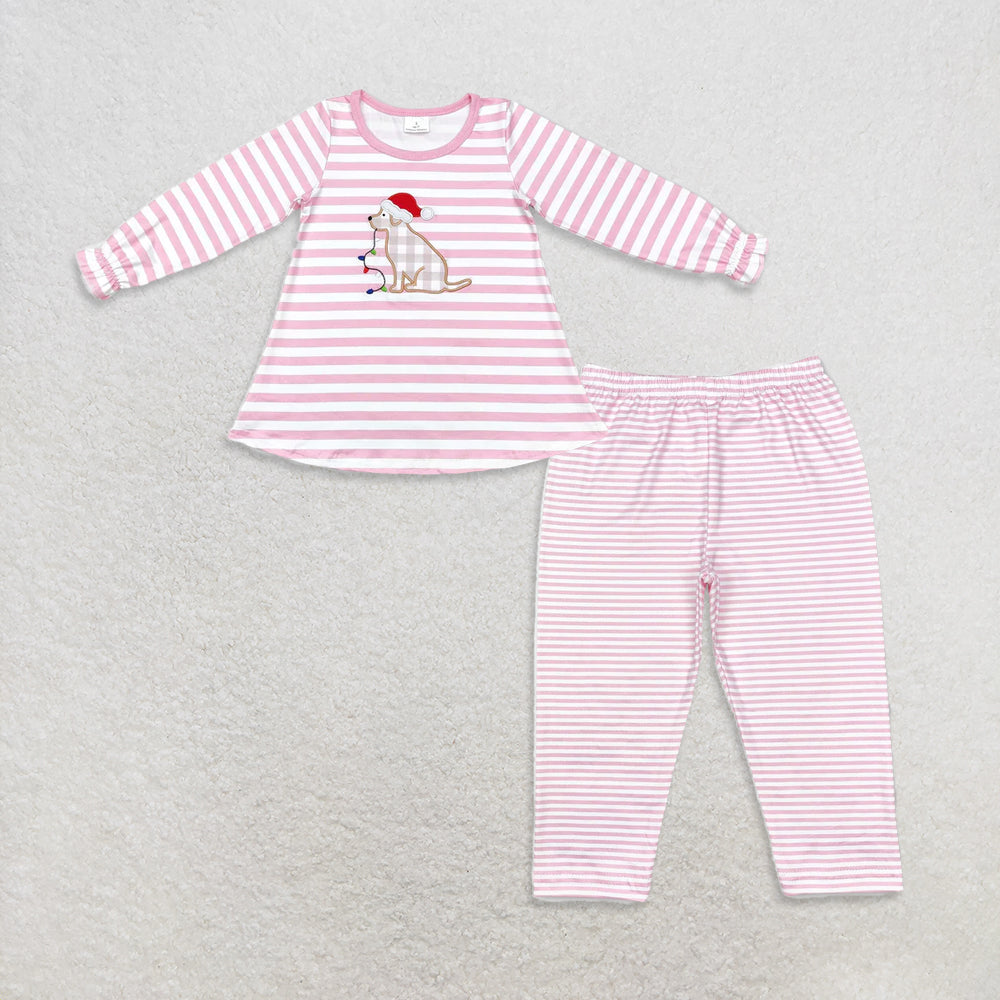 9.22 RTS NO MOQ （In stock）GT0659 +  P0625 Baby Girls Christmas Pink Stripes Dog Tee Shirts Tops Legging Pants Bottoms
