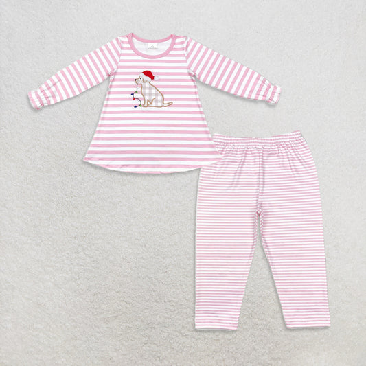 9.22 RTS NO MOQ （In stock）GT0659 +  P0625 Baby Girls Christmas Pink Stripes Dog Tee Shirts Tops Legging Pants Bottoms