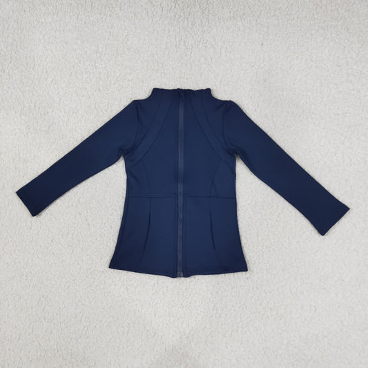 RTS NO MOQ （In stock）yoga fabric cotton GT0677 Yoga Girls Navy Blue Zip Long Sleeve Yoga Top