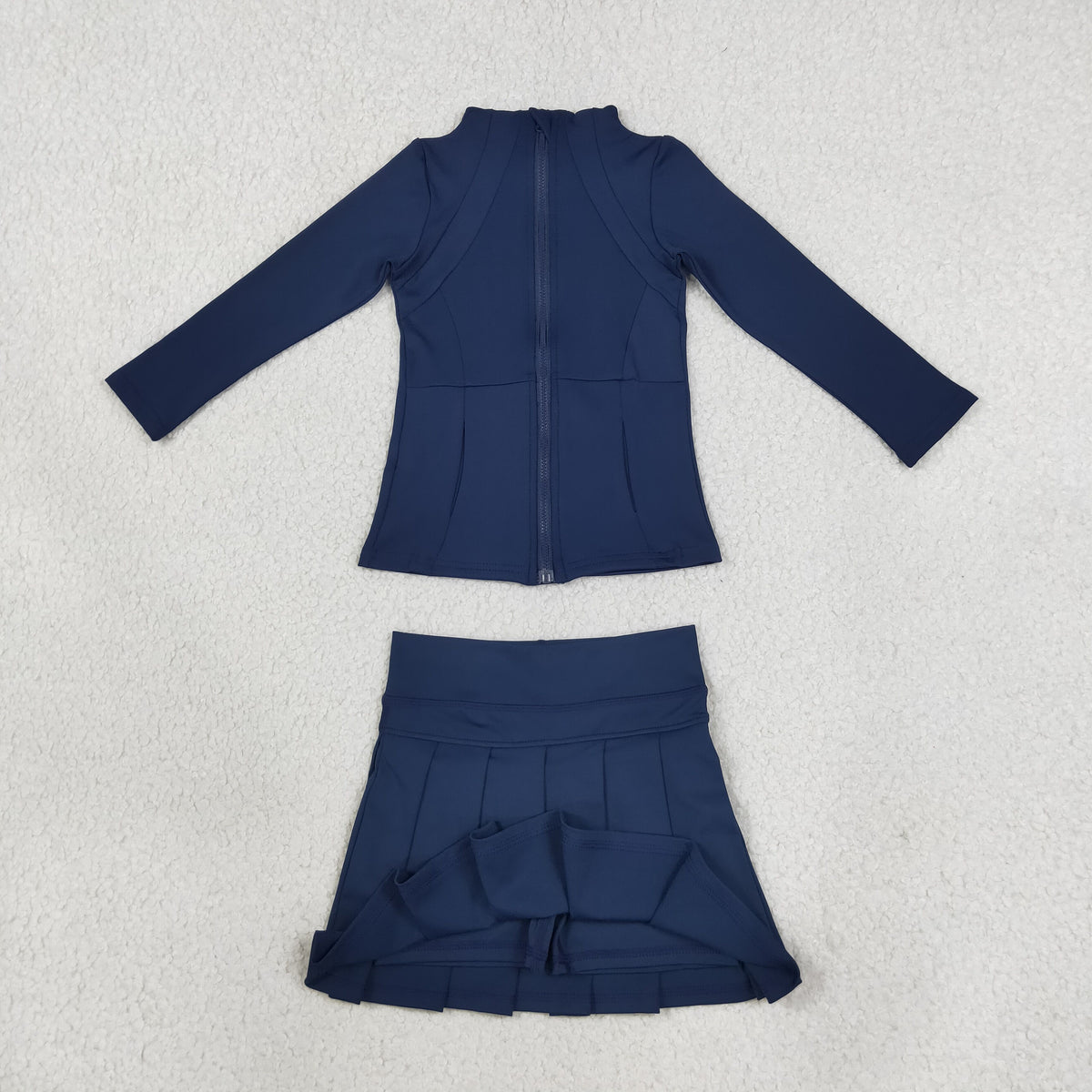RTS NO MOQ （In stock）yoga fabric cotton GLD1705(GT0677+GLK0122) Toddler Girls Navy Blue Zip Long Sleeve Top Skorts Bottom Pleated Skirts Yoga Set