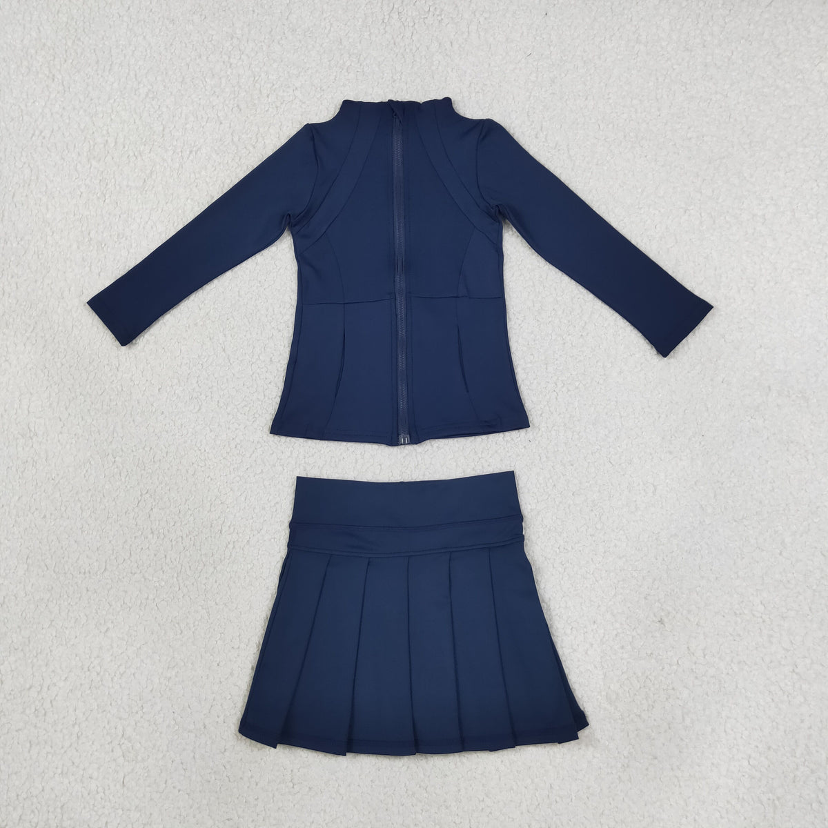 RTS NO MOQ （In stock）yoga fabric cotton GLD1705(GT0677+GLK0122) Toddler Girls Navy Blue Zip Long Sleeve Top Skorts Bottom Pleated Skirts Yoga Set