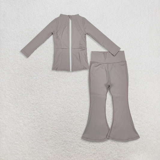 9.24 RTS NO MOQ （In stock）GT0679 + P0572 Baby Girls Grey Zip Pocket Yoga Active Wear Jackets Bell Bottom Pants