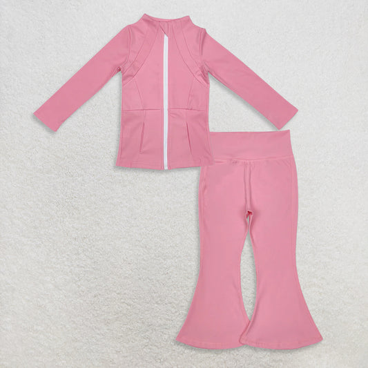 9.25 RTS NO MOQ （In stock）GT0680 + P0573 Baby Girls Dark Pink Zip Pocket Yoga Active Wear Jackets Bell Bottom Pants