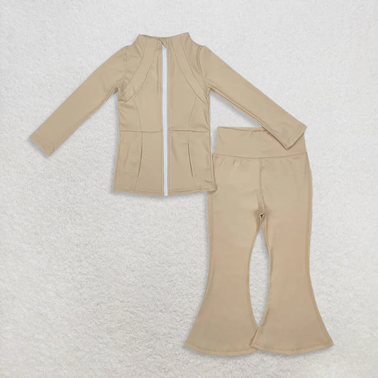 9.25 RTS NO MOQ （In stock）GT0681 + P0574 Baby Girls Khaki Zip Pocket Yoga Active Wear Jackets Bell Bottom Pants