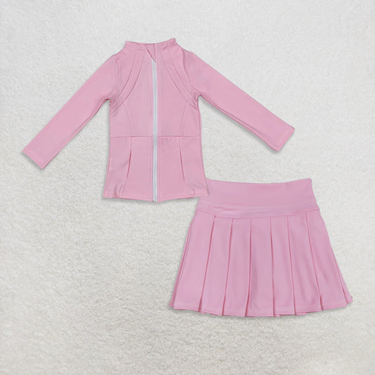 9.20 RTS NO MOQ （In stock）GT0683 + GLK0088 Baby Girls Zip Pocket Yoga Active Wear Jackets Pleated Skirts