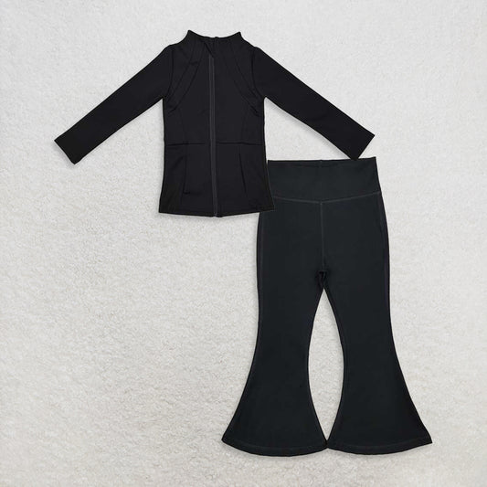 9.25 RTS NO MOQ （In stock）GT0685 + P0578 Baby Girls Black Zip Pocket Yoga Active Wear Jackets Bell Bottom Pants