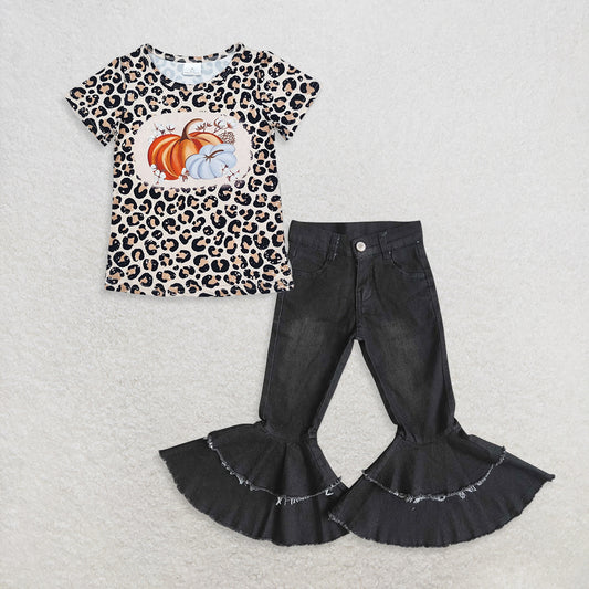 9.19 RTS NO MOQ （In stock）GT0688 + E5-26 Baby Girls Short Sleeve Tee Shirts Tops Denim Flare Pants Jeans