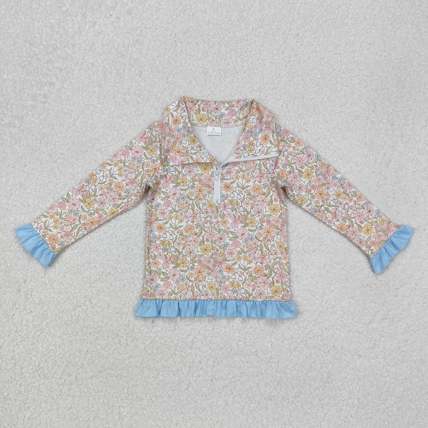 BT0722   Floral ruffle zipper pullover cotton pants girls shirt