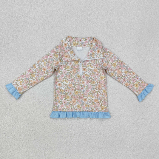 BT0722   Floral ruffle zipper pullover cotton pants girls shirt