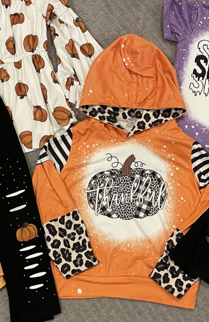 No moq GT0736 pre-order toddler girls clothes pumpkin leopard orange hooded long Sleeve Top 2024.8.14