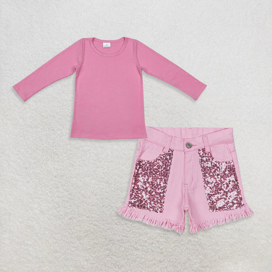 9.18 RTS NO MOQ （In stock）GT0781+SS0230 Baby Girls Long Sleeve Tee Shirts Tops denim shorts