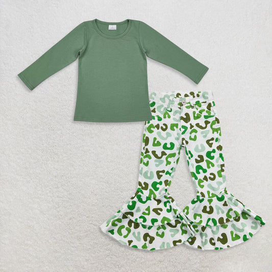 9.20 RTS NO MOQ （In stock）GT0804 +  P0395 Baby Girls Green Long Sleeve Tee Shirts Tops Denim Pants Jeans