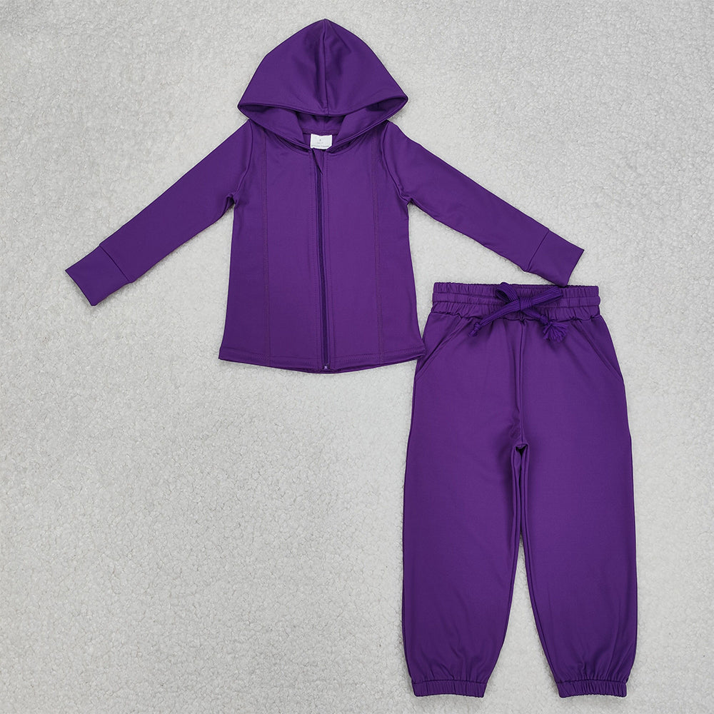 GT0807+P0670 New Rts No Moq 8-9 Days By Air Arrived it Girls Purple Hooded Zipper Long Sleeve Yoga Top with Matching Pants Set Comfortable Sportswear for Kids