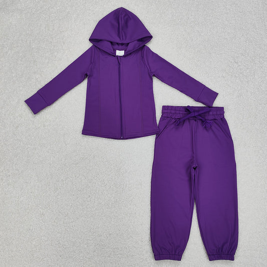 9.27 RTS NO MOQ （In stock）GT0807 + P0670 Baby Girls Purple Zip Hooded Tops Yoga Athletic Cardigan Jogger Yoga Pants