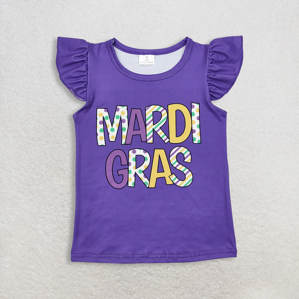 3.2 RTS NO MOQ （In stock）GT0814 + P0676 Baby Girls Mardi Gras Purple Shirt Denim Jeans Pants Clothes Sets