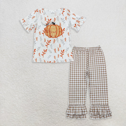 9.19 RTS NO MOQ （In stock）GT0824 + P0607 Baby Girls Short Sleeve Tee Shirts Tops Checkered Ruffle Pants