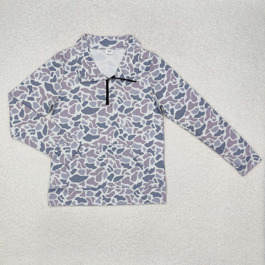 GT0832 Grey camo pocket adult women zipper pullover