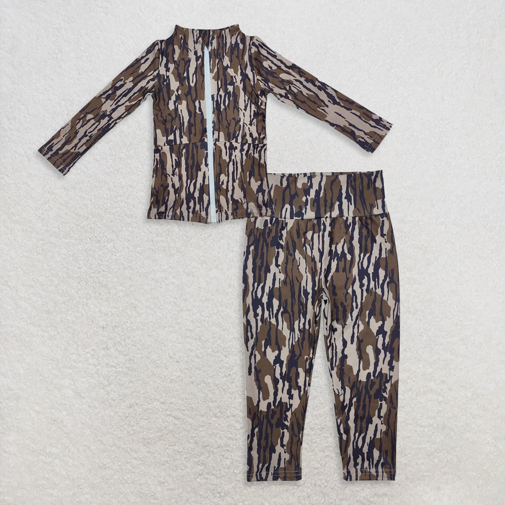 9.25 RTS NO MOQ （In stock）GT0850 + P0689 Baby Girls Bottomland Camo Zip Pocket Yoga Active Wear Jackets Yoga Legging Pants