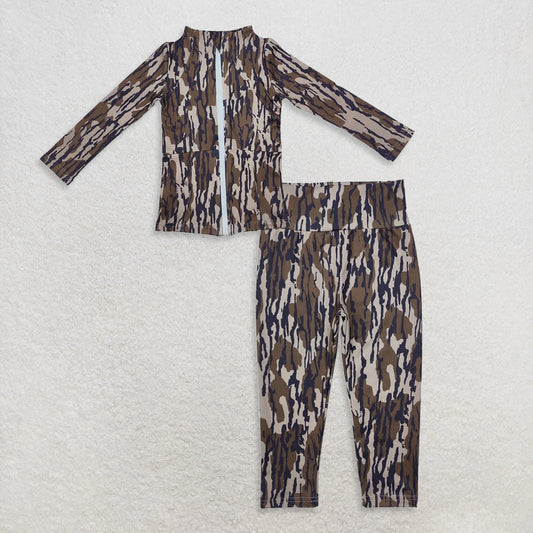 9.25 RTS NO MOQ （In stock）GT0850 + P0689 Baby Girls Bottomland Camo Zip Pocket Yoga Active Wear Jackets Yoga Legging Pants