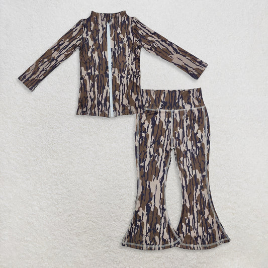 9.25 RTS NO MOQ （In stock）GT0850 + P0691 Baby Girls Bottomland Camo Zip Pocket Yoga Active Wear Jackets Bell Bottom Pants
