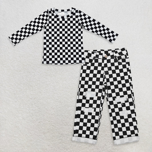 9.18 RTS NO MOQ （In stock）GT0864  +P0122 Baby Girls Black Long Sleeve Tee Shirts Tops Denim Pants