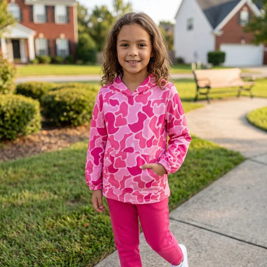 RTS NO MOQ （In stock）GT0866 milk silk Baby Girls Pink Camo Hooded Long Sleeve Tee Shirts Tops