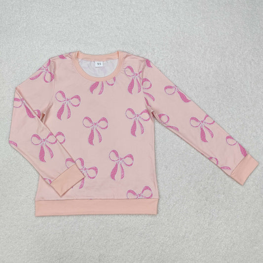 GT0878Pink bow long sleeves adult women shirt