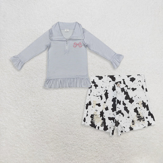9.18 RTS NO MOQ （In stock）GT0886+SS0332 Baby Girls Long Sleeves Zip Pullovers Tops denim shorts