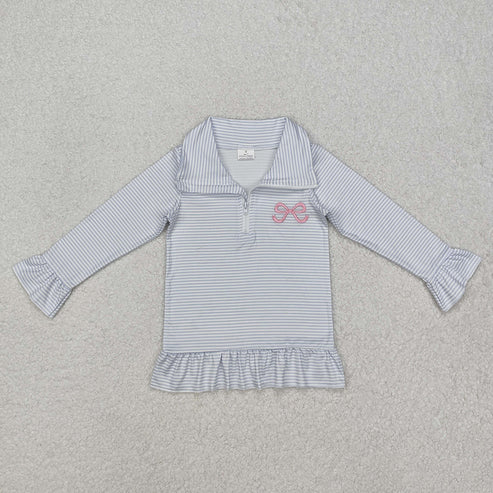 9.25 RTS Sibling Baby Girls Embroidery Bows Shoes Zipper Ruffle Pullovers Top