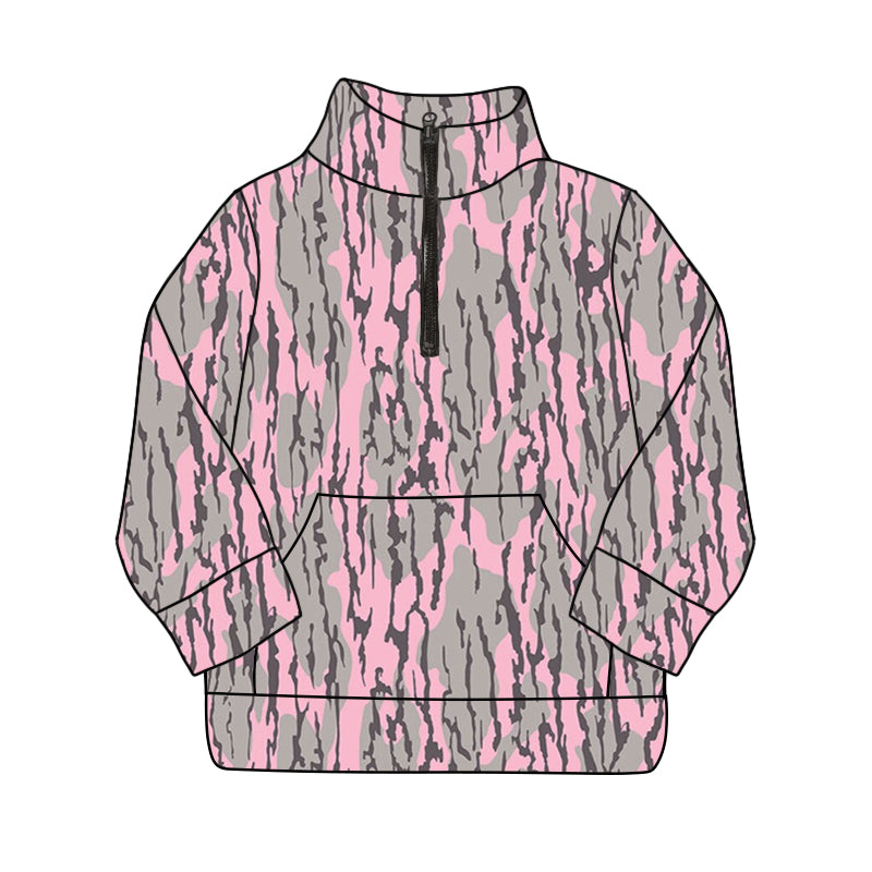 GT0889 Adult Women Pink Bottomland Camouflage Long Sleeve Tee Shirts Zip Pullovers Tops Preorder
