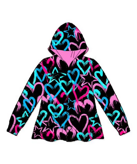 GT0891 Baby Girls Valentines Black Hearts Hooded Buttons Jakets Tops Preorder
