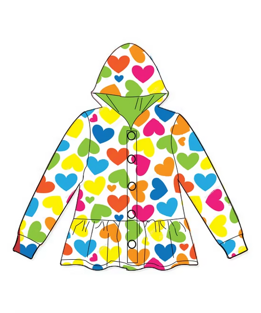 GT0893 Baby Girls Valentines Blue Green Hearts Hooded Buttons Jakets Tops Preorder