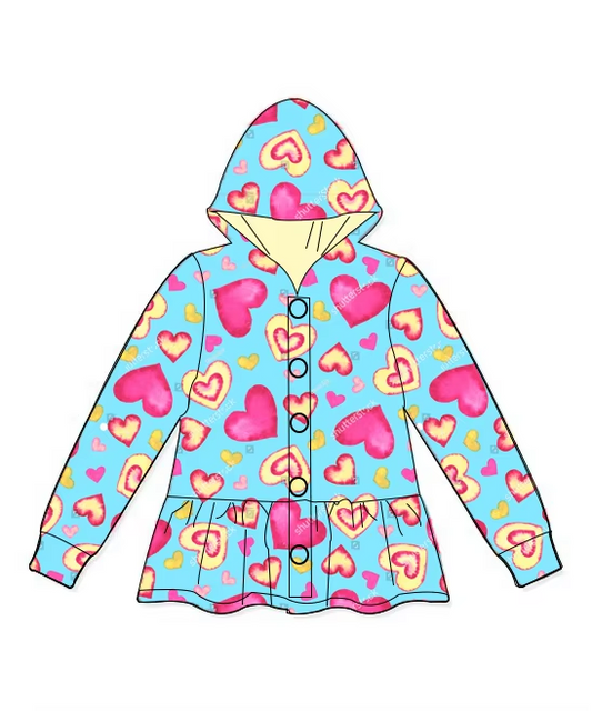 GT0894 Baby Girls Valentines Blue Hearts Hooded Buttons Jakets Tops Preorder
