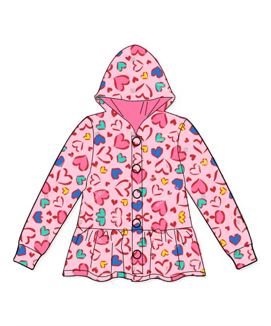 GT0895  Baby Girls Valentines Pink Hearts Hooded Buttons Jakets Tops Preorder