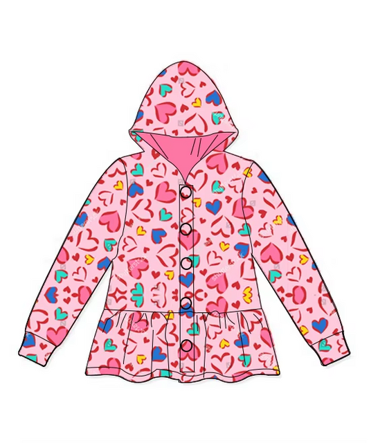 GT0895  Baby Girls Valentines Pink Hearts Hooded Buttons Jakets Tops Preorder
