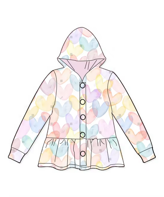 GT0896 Baby Girls Valentines Colorful Hearts Hooded Buttons Jakets Tops Preorder