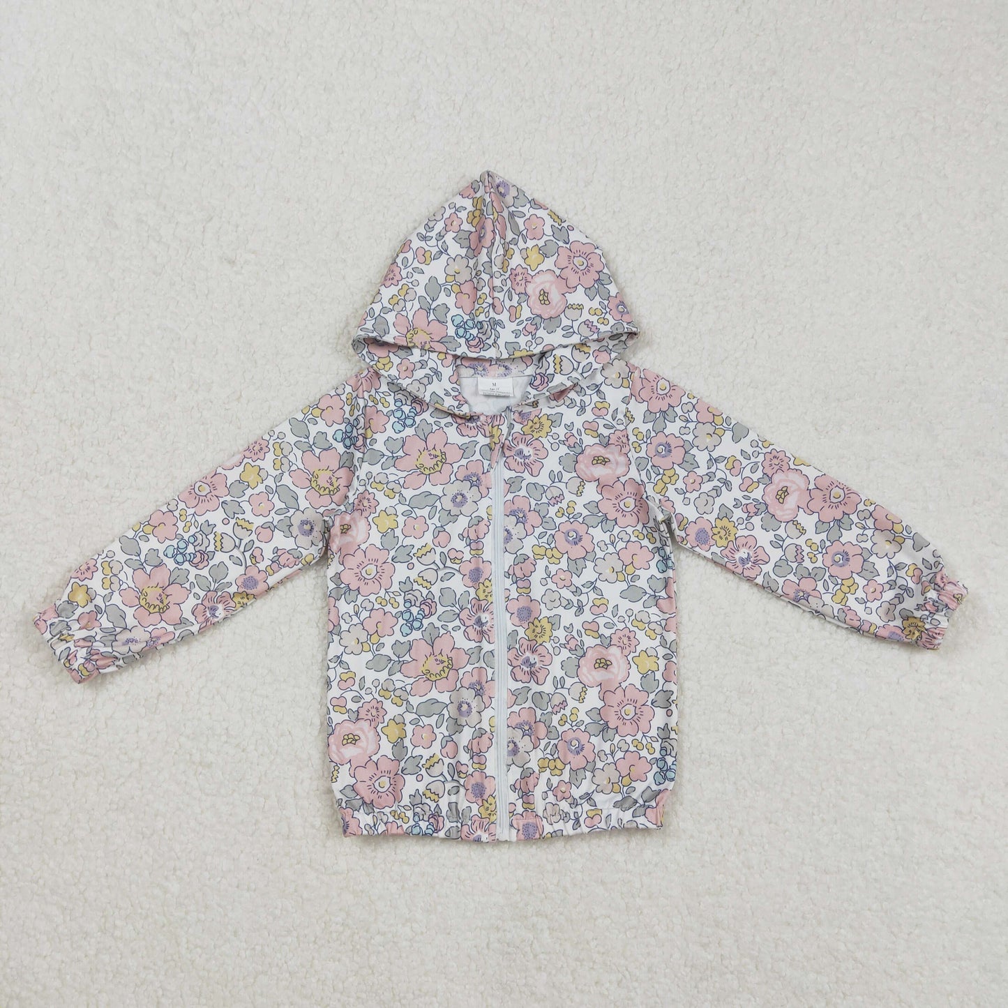 GT0914Pink Floral Long Sleeve Zip Jacket for Baby Girls Cute Floral Print Zipper Front Casual Outerwear