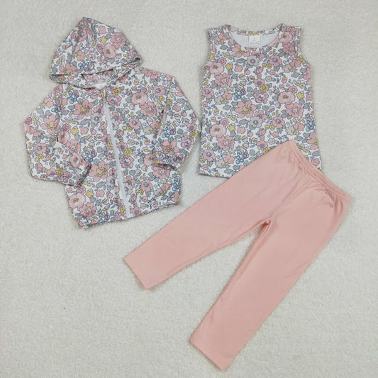 GT0914+GSPO1919Baby Girl Outfit Sleeveless Floral Top with Hooded Leggings - Comfortable Clothing Set for Little Ones