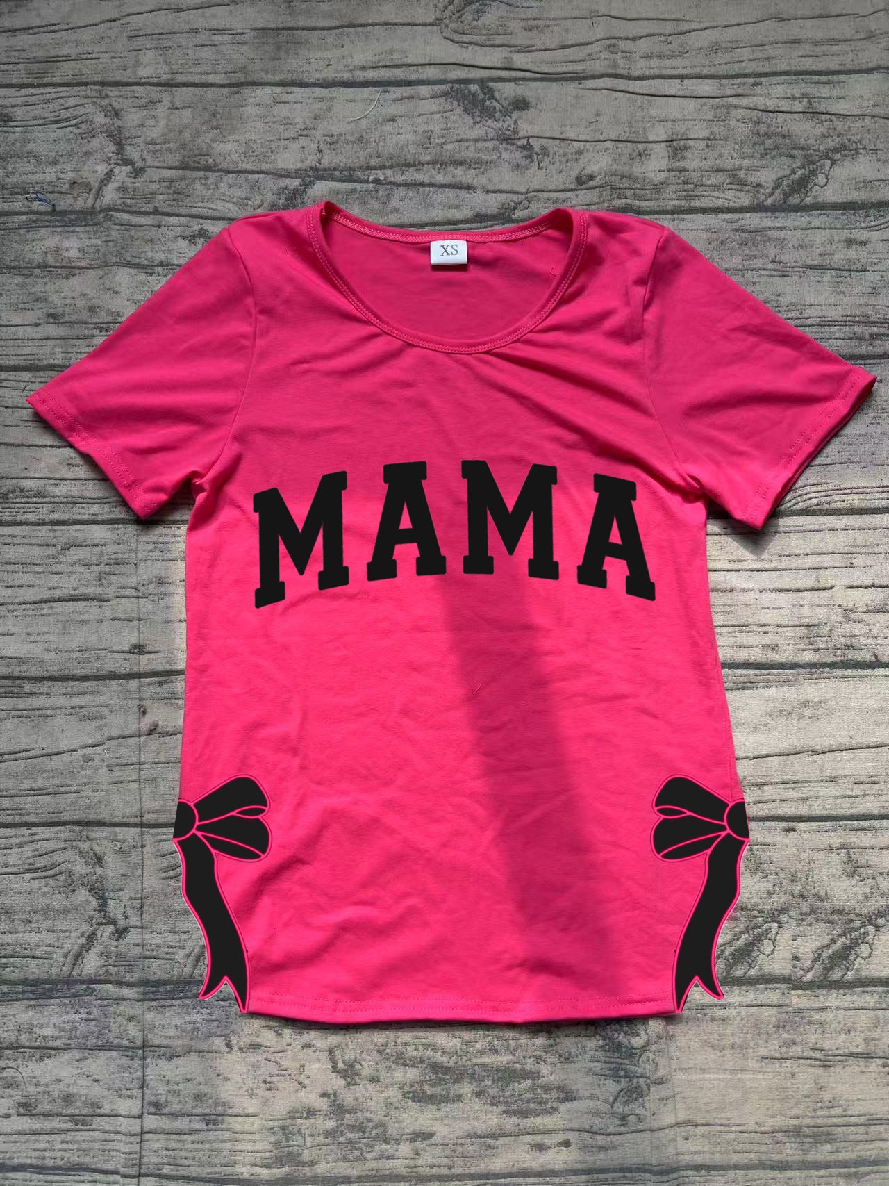 GT0919MAMA Bow Hot Pink Short Sleeve Women's Shirt Adult Fashion Casual Top