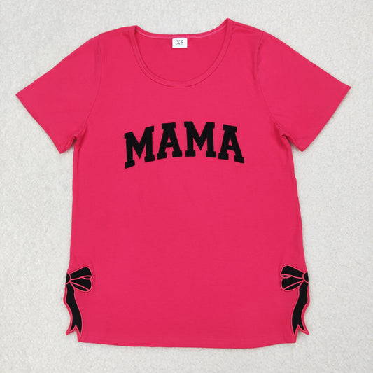4.17 GT0919 RTS NO MOQ Hot pink short sleeves MAMA bow Adult women shirt