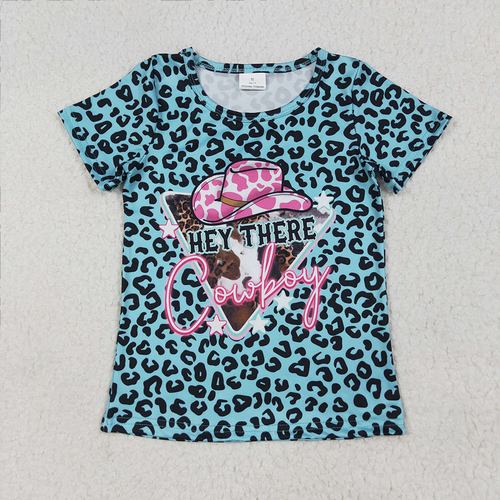 GT0934 RTS NO MOQ Baby Girls Summer Tops Baby Girls Leopard Hey Cowboy Short Sleeve Tee Shirts Tops
