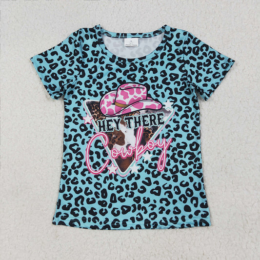 GT0934 RTS NO MOQ Baby Girls Summer Tops Baby Girls Leopard Hey Cowboy Short Sleeve Tee Shirts Tops
