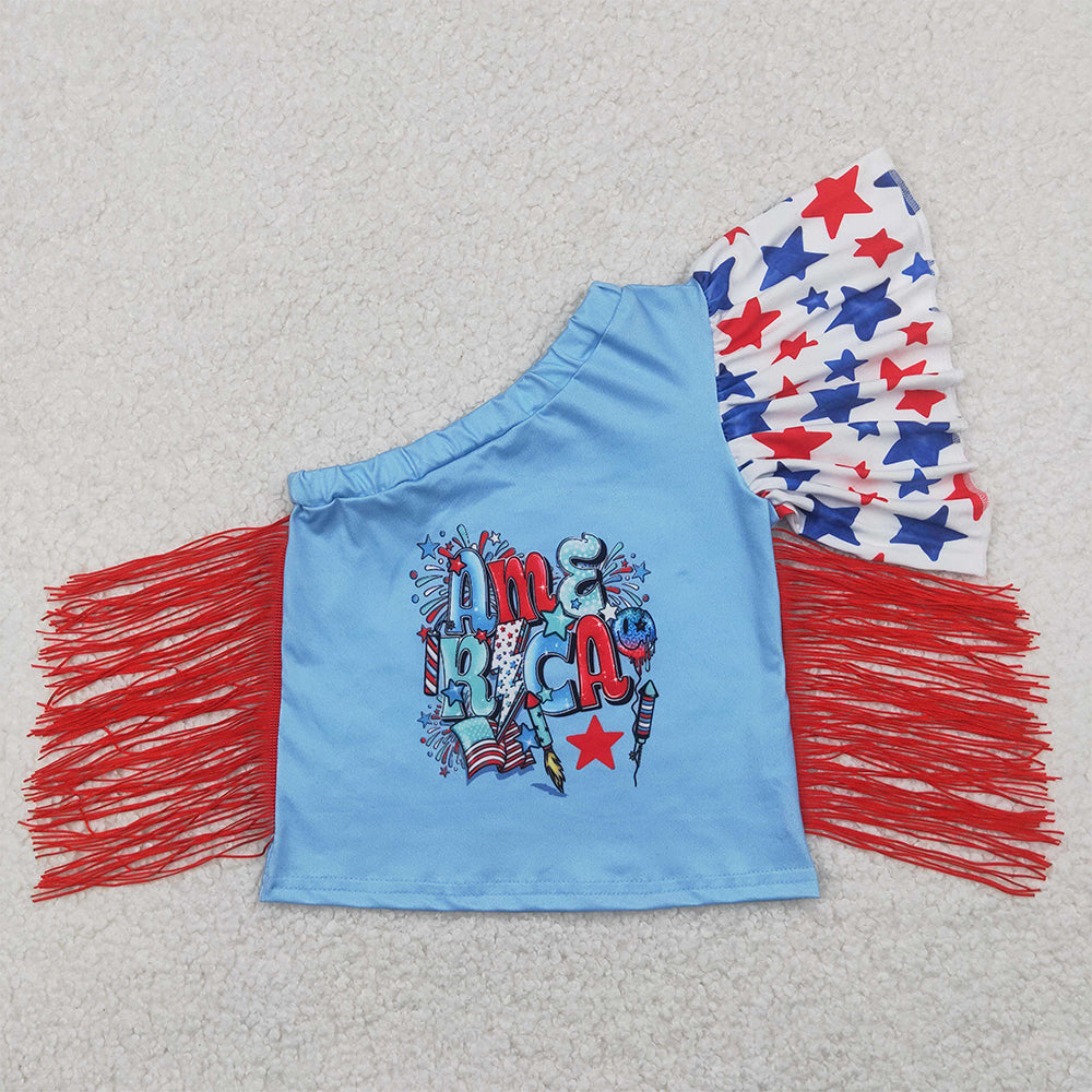 4.12 GT0942 RTS NO MOQ Baby Girls Summer Tops One shoulder stars tassels American girls 4th of july shirt