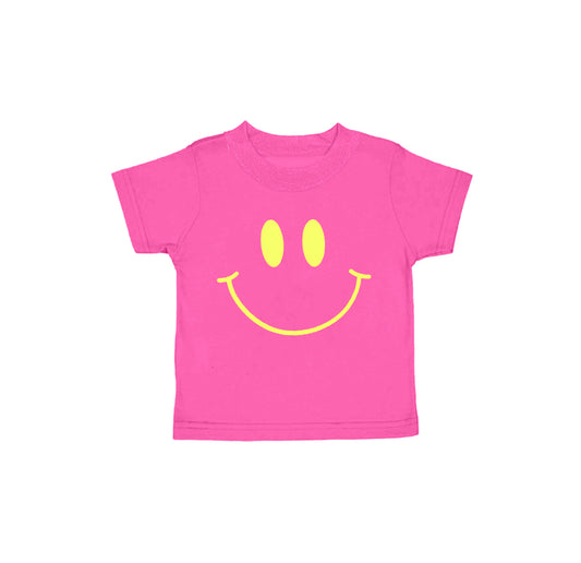 GT0959Smiley Face Hot Pink Short Sleeve Girls Summer Shirt Fun And Bright Kids' Top for Warm Weather