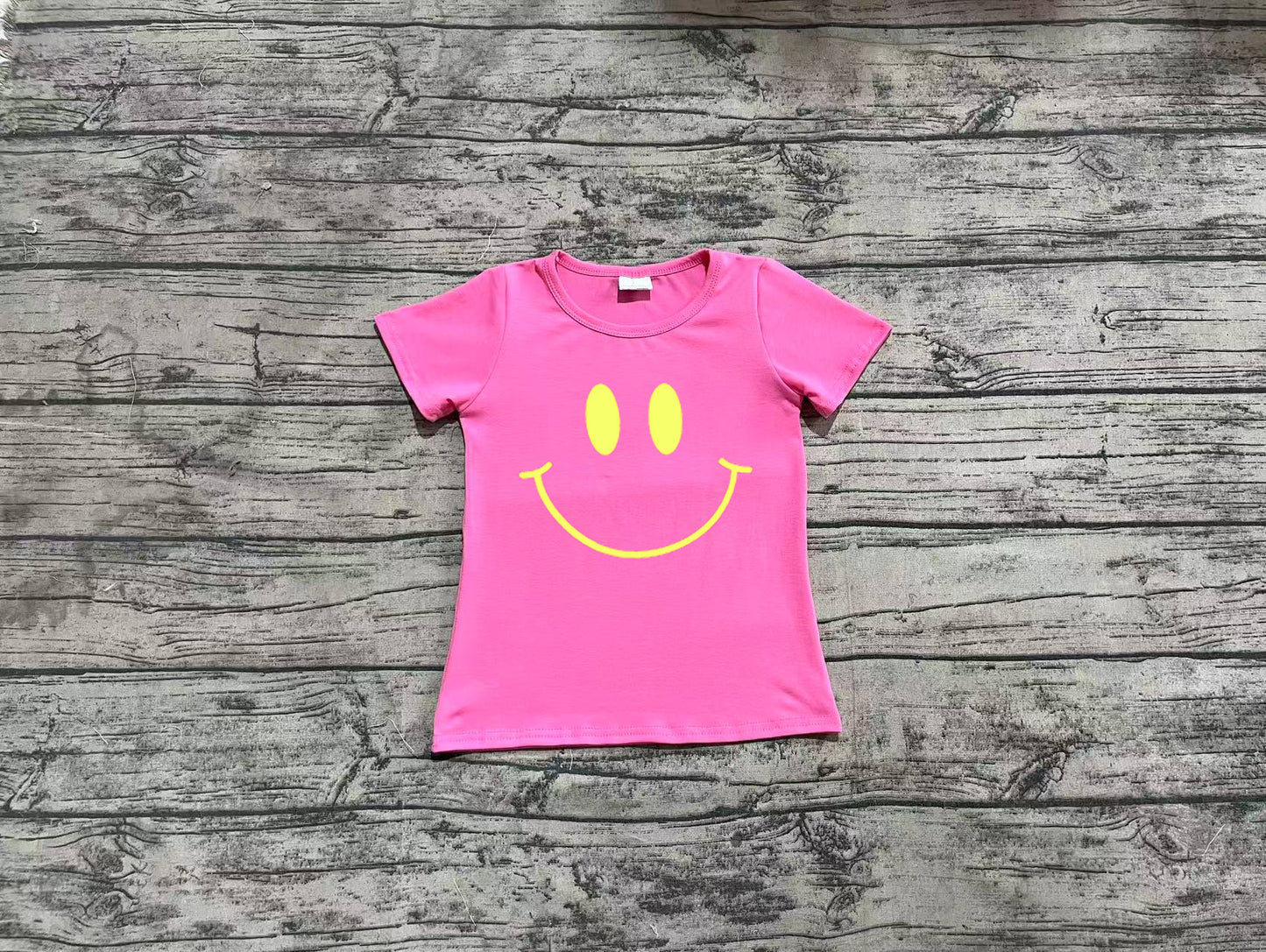 GT0959 Sample 10days Arrived RTS Hot pink short sleeves smile girls summer shirt