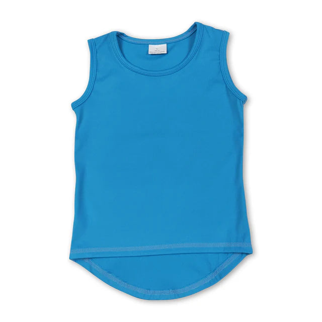 5.25 RTS NO MOQ （In stock）GT0986+SS0549 Blue sleeveless kids girls activewear top with activewear summer yoga shorts